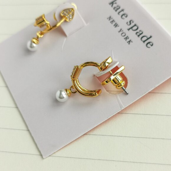 Love Game Arrow Gold Pearl Double Huggie Earrings - Kate Spade - Picture 2 of 3